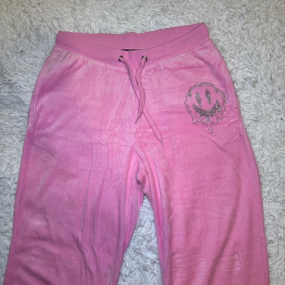Dolls Kill Pink Velour Sweatpants with Silver Rhinestone Smiley Face - Picture 10 of 12